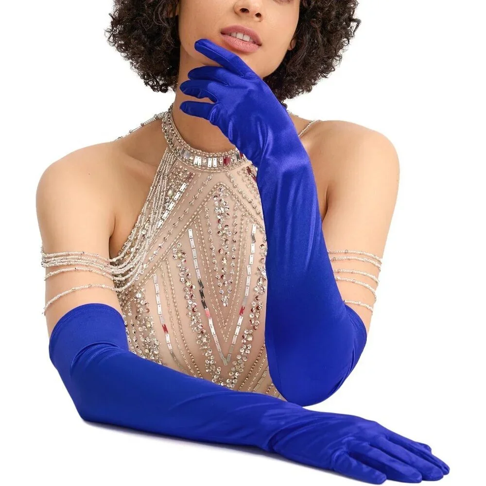 Women's Evening Royal Blue Satin Gloves Elbow Length Formal Party Prom Wear